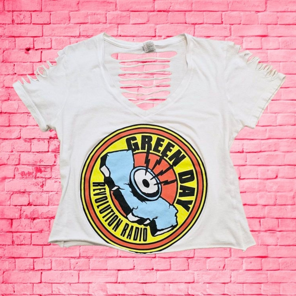 Upcycled Slashed Cropped Green Day Band V-Neck T-Shirt Small White